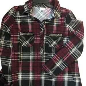 Avenue Womens Plus Size 18/20 Burgundy Plaid Rhinestone Pocket Tunic Top